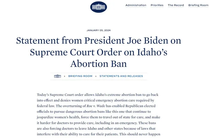 Tổng thống Hoa Kỳ nhận định về lệnh cấm phá thai ở Idaho