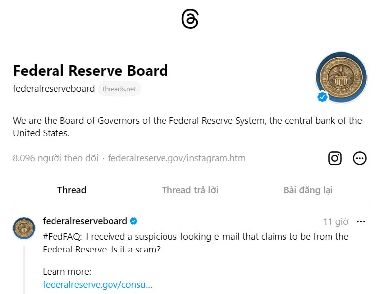 Hoa Kỳ: Fed công bố tài khoản mạng xã hội
