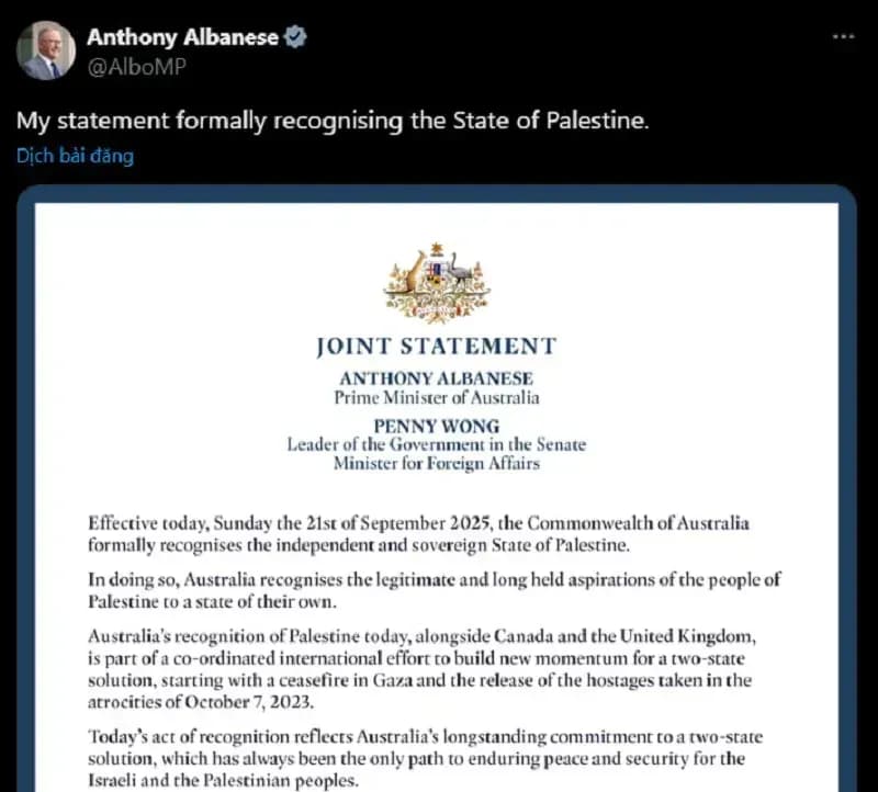 Anh, Canada, Úc chính thức công nhận Nhà nước Palestine 